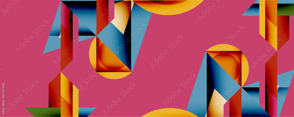 Aufkleber Abstract geometric composition. Bold shapes intersect, creating dynamic visual rhythm. Warm colors contrast cool tones on vibrant pink background. Modern design elements present.