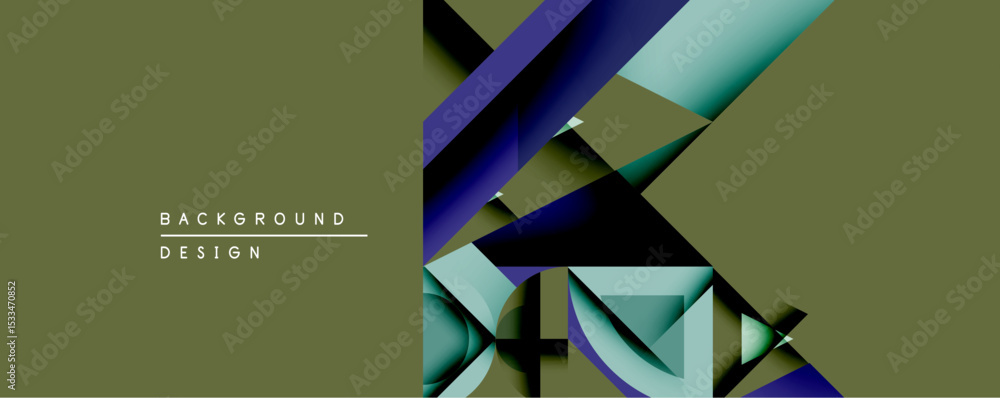 Poster Abstract geometric design features overlapping shapes, gradients. Olive green background contrasts with blue, teal elements. Modern aesthetic, clean lines create dynamic composition.