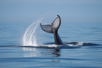 Humpback Whale Tail Splashing in Calm Ocean Waters Under Clear Sky