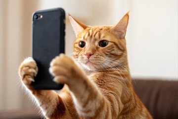 Cat Taking a Selfie with Smartphone in Cozy Living Room Setting