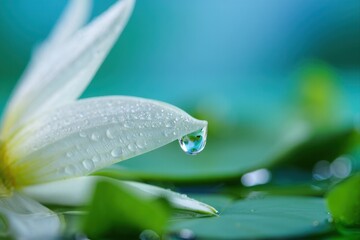 Dewy White Water Lily Petal with Droplet on Calm Water Surface