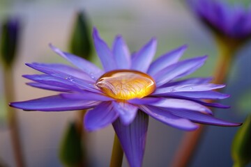 Majestic Purple Lotus Flower with Water Drop on Petal Surface