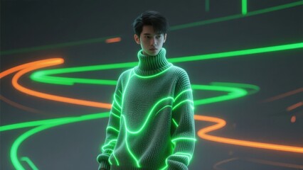 Person in a glowing neon sweater standing against a vibrant, abstract background with swirling neon lights.