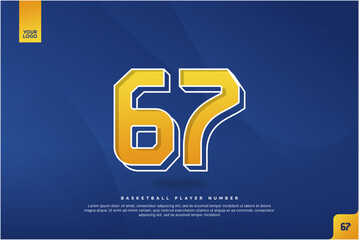 Bold Number 67 in Yellow Gradient with White Outline on Blue Background for Basketball Jersey Design