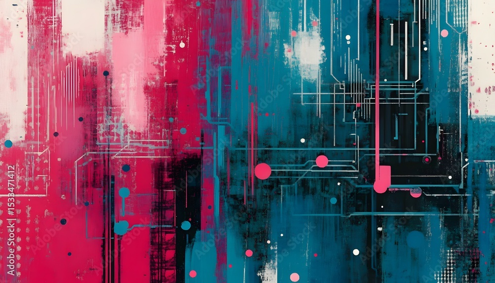 Poster abstract digital art piece with vibrant colors and circuit patterns.