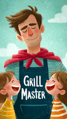  A cheerful illustration of a dad in an apron and cape, smiling proudly as kids admire him—labeled "Grill Master".