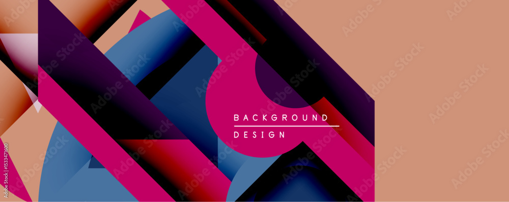 Poster Abstract geometric composition. Overlapping shapes create dynamic visual effect. Gradient colorspurple, blue, pinkblend with peach backdrop. Modern design element.