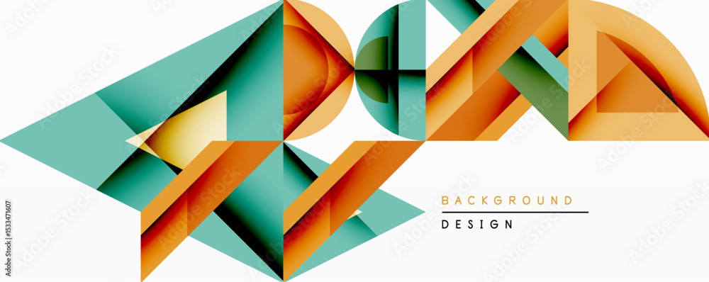 Poster abstract geometric shapes create dynamic composition. orange, teal, yellow hues blend seamlessly. mo