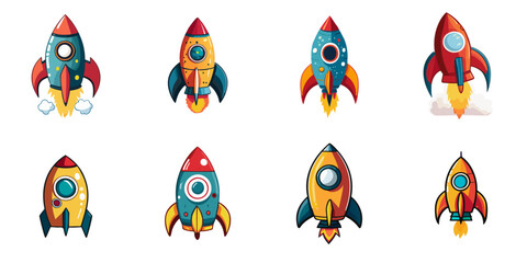 Multiple vector illustrations colorful cute rocket

