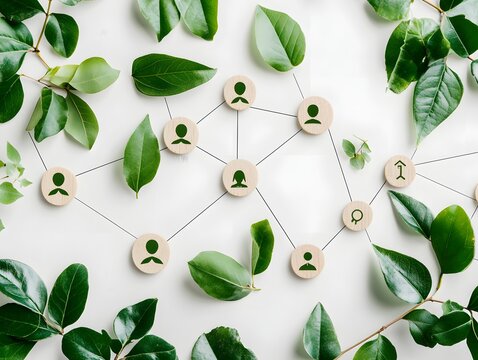 Sustainable network concept with human icons and green leaves on white background