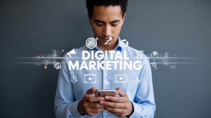 Man focused on a mobile phone with digital marketing icons overlay.