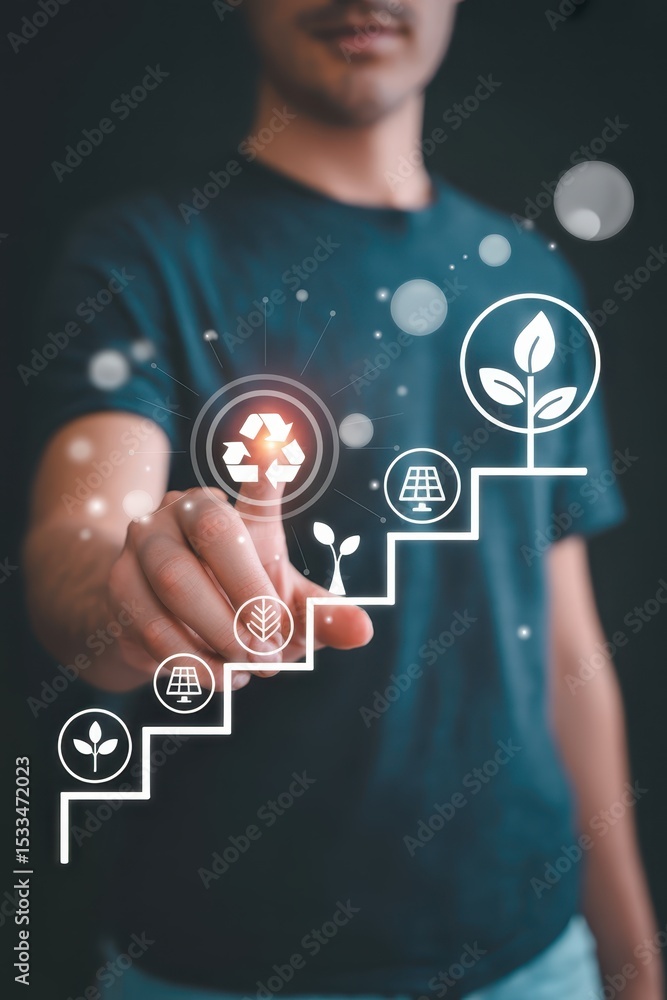 Poster person interacting with a digital interface displaying sustainability concepts.