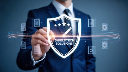 A businessperson interacting with a digital shield graphic representing solutions.