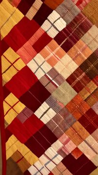 Textured patchwork quilt with various plaid patterns in warm autumn colors in a diamond tile arrangement background, fabric material closeup