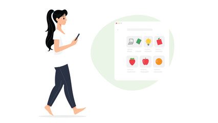 A minimalist illustration featuring a person holding a smartphone in their hand, walking towards the right. The person has long black hair tied in a ponytail and is wearing a white top and dark pants.