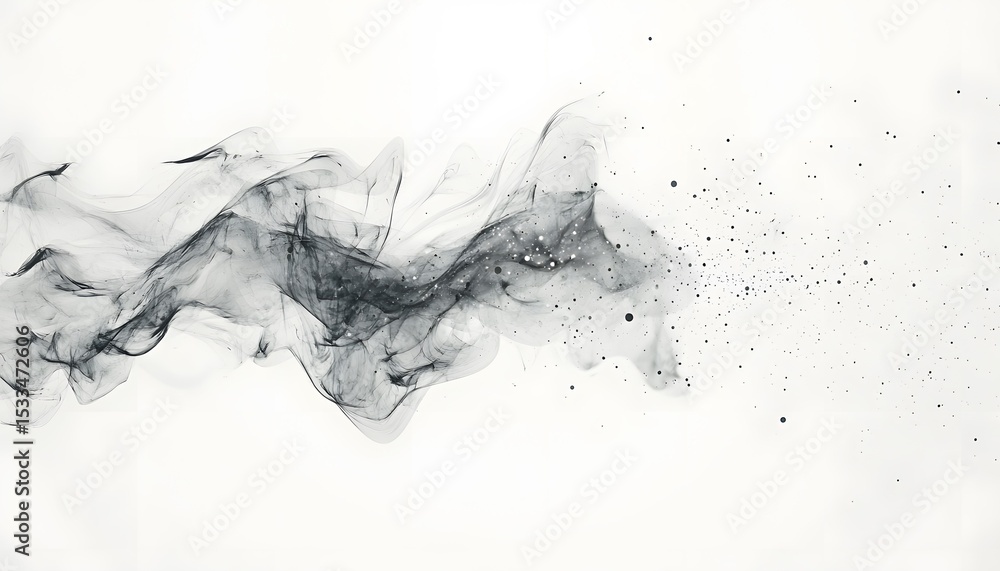 Poster abstract grayscale design with flowing shapes and scattered particles.