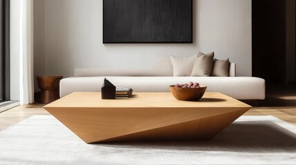 Modern minimalist living room interior with geometric coffee table, beige sofa, and fruit bowl.