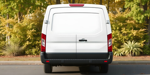 White van mockup template with a focus on the rear view, ideal for displaying designs. This white van mockup template provides ample space for creative customization.
