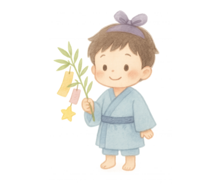 七夕で笹を持つ浴衣の男の子のイラスト