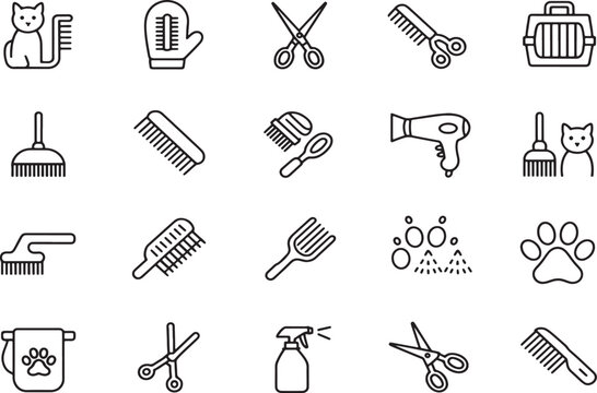 Pet Grooming Icons Line Art Set for Design