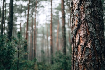 Fototapeta premium Close-up of textured pine tree bark, with blurred background of misty pine forest