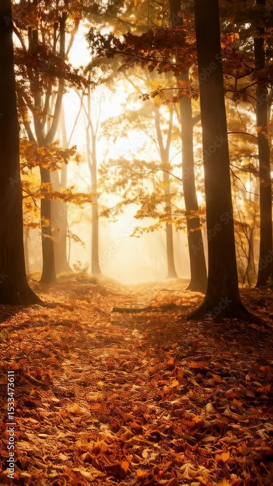 Poster sunlit autumn forest path with golden leaves blanketing ground and illuminating tall trees creating 