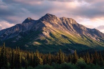 Obraz premium Majestic mountain range bathed in the warm hues of sunset, its slopes verdant with coniferous forest at its base, under a dramatic sky