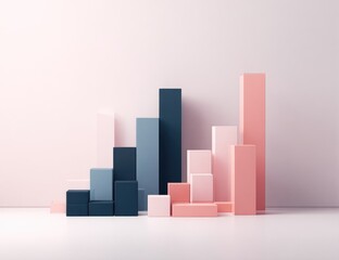 Pastel-colored geometric blocks form an abstract, ascending graph against a minimalist white backdrop