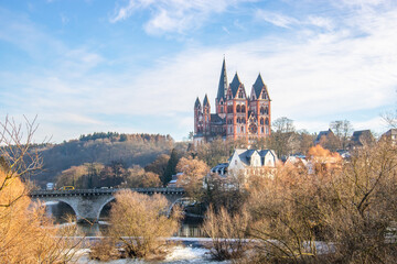 Landscape shot in a city view from the Lahn bridge at sunrise to the cathedral in Limburg an der...