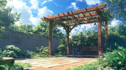 Tranquil garden scene with wooden pergola, bench, and lush greenery under a sunny sky.
