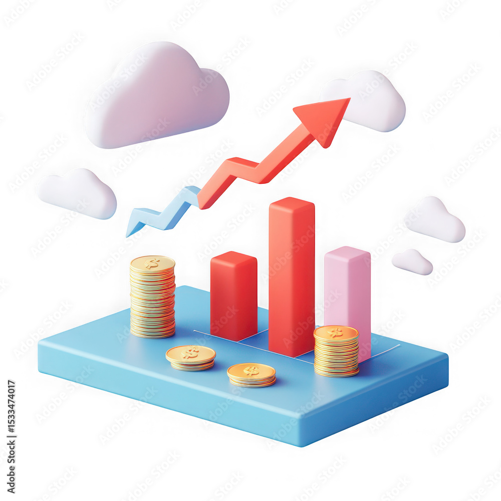 Poster 3d render of growing financial chart with coins isolated on transparent background
