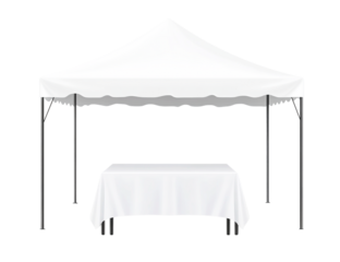White canopy tent with draped table, isolated on transparent background, perfect for event planning, trade show, or market stall mockup.