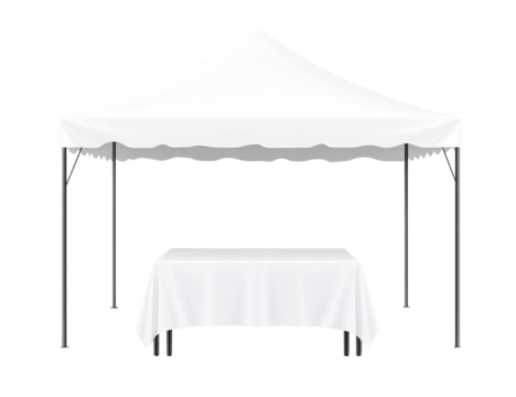 White canopy tent with draped table, isolated on transparent background, perfect for event planning, trade show, or market stall mockup.