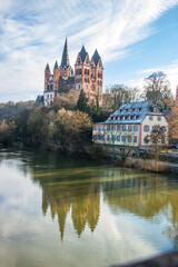 Landscape shot in a city view from the Lahn bridge at sunrise to the cathedral in Limburg an der...