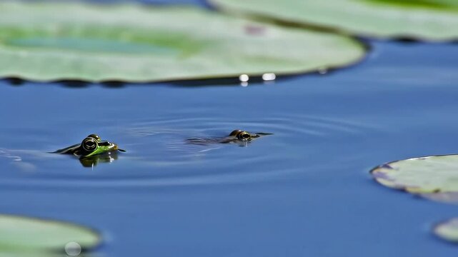Two frogs floating on calm blue pond water in nature