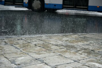 Pedestrian and car road in rainy.