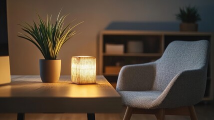 A dimly lit room features a small illuminated lamp on a side table next to a plant and a light grey armchair
