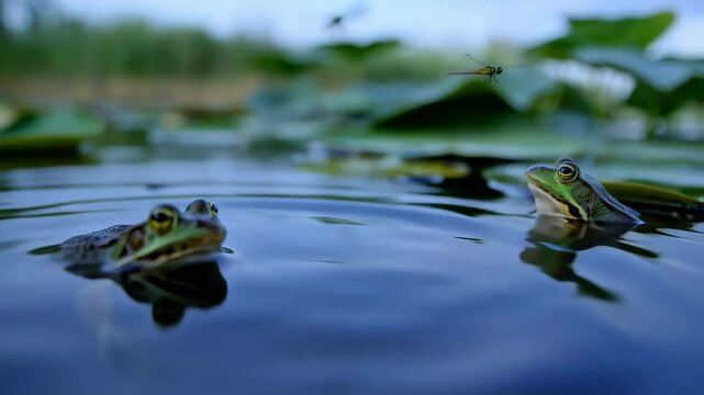 Two frogs floating on calm blue pond water in nature