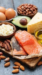 A diverse array of high-protein foods including salmon, eggs, cheese, nuts, seeds, and avocado, artfully arranged on a rustic surface
