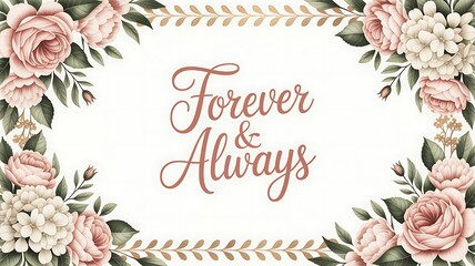 Elegant Floral Wedding Invitation Design: Forever & Always Rose Border, Printable Template, Romantic Botanical Artwork, Peach Roses, Gold Accents, Bridal Shower, Anniversary