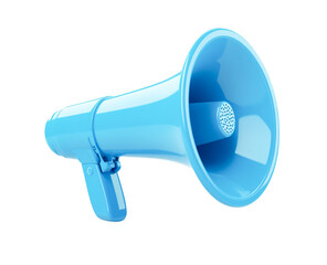 Bright blue megaphone announcement device, isolated, transparent background, 3D render, modern design, communication concept, marketing tool, public address system, loud speaker, promotional,