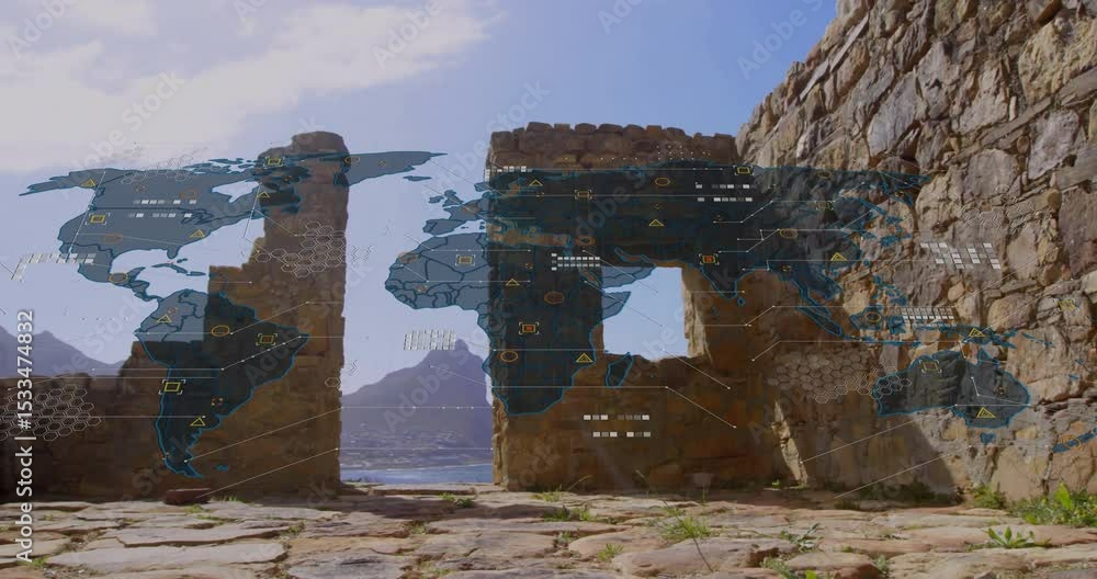 Poster opening on ancient ruin, overlaying digital world map with glowing nodes showing global data flow