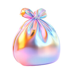 Iridescent gift bag with pastel bow, transparent background, studio shot, colorful, festive, celebration, holiday, present, packaging, mockup, 3D render