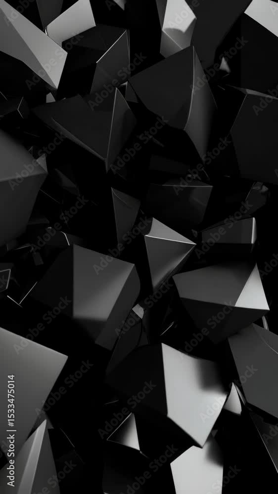 Poster collection of dark geometric shapes with glossy surfaces, creating an abstract and modern digital re