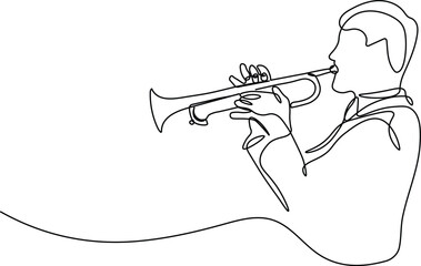 Trumpet player in continuous line art style. Sketch of trumpet player in minimalist black line isolated on white background. Vector illustration © ideartstuff