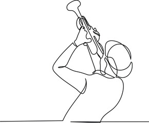 Trumpet player in continuous line art style. Sketch of trumpet player in minimalist black line isolated on white background. Vector illustration