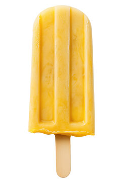 Frozen yellow popsicle or ice cream bar on wooden stick isolated on transparent background