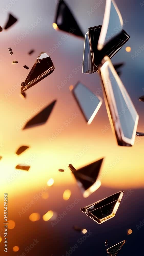 Poster dynamic abstract 3d render of shattered glass pieces, floating shards in a golden light against a bl