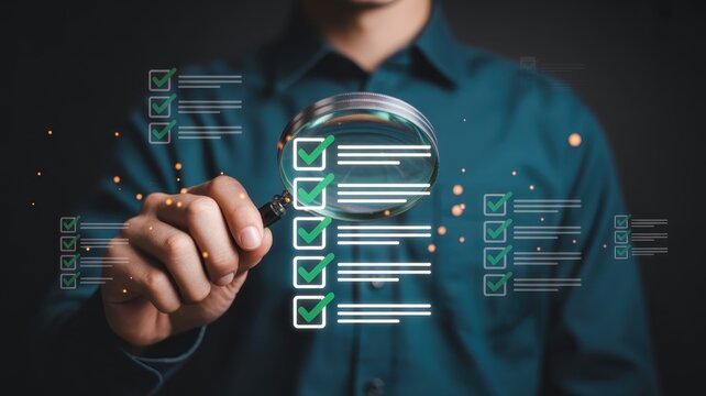 Checklist with magnifying glass, viewed by a person.