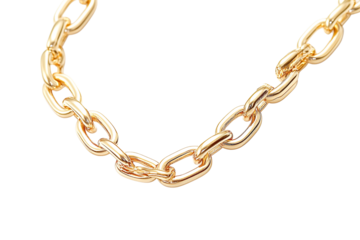 Close-up of a gold chain necklace, isolated on transparent background, showcasing its luxurious and elegant design.